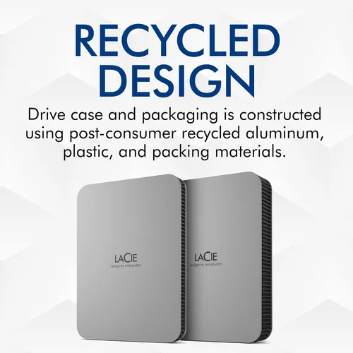 Vista 4 de LaCie Mobile Drive, disco duro externo portátil de 5TB - Plata Lunar, USB-C 3.2, para PC y Mac, reciclado post-consumo, con Adobe All Apps Plan