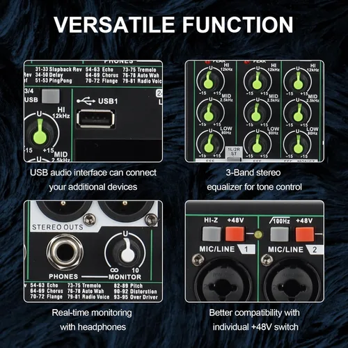 Vista 9 de Mezclador de audio de 6 canales, mezclador de DJ, luz de respiración RGB, 99 efectos DSP, interfaz de audio USB, Bluetooth fantasma de 48 V, alta