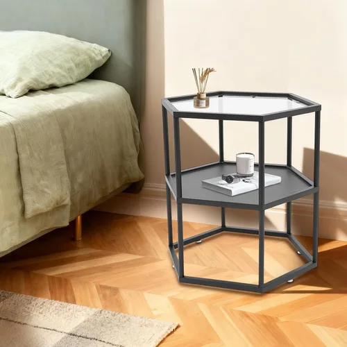 Vista 2 de Mesa auxiliar, mesas de centro modernas con almacenamiento de 2 niveles con marco de metal, mesa central de vidrio hexagonal para sala de estar