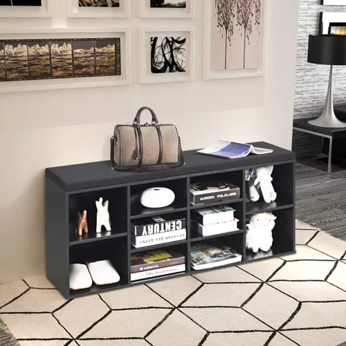 Vista 2 de KOTEK Banco de zapatos de madera con cojín, zapatero de 10 cubos con estantes ajustables, organizador de almacenamiento de zapatos para sala