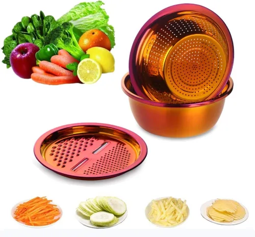 Vista 7 de Juego de 3 piezas de colador de acero inoxidable, cortador de verduras y frutas, pelador de patatas, zanahoria, colador, utensilios redondos