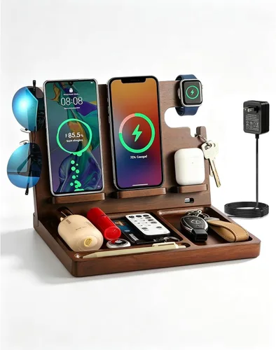 Vista 9 de Base de carga para teléfono de madera Xunhomon, estación de carga inalámbrica de 27W de carga rápida para 2 teléfonos para iOS/Android/iWatch/Air