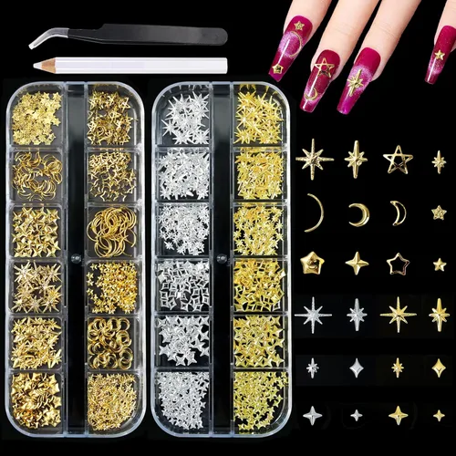 Vista 13 de 6 cajas de dijes de uñas 3D dorados, dijes de arte de uñas con parte trasera plana, joyas de diamantes de imitación para uñas, gemas de uñas