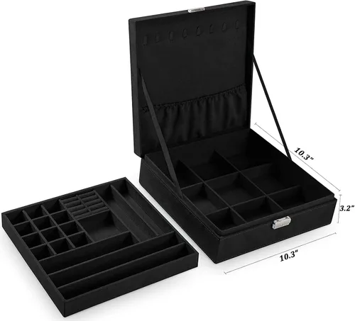 Vista 4 de QBeel - Cajas de joyería negras para mujeres hombres y niñas organizador de joyas de 2 capas con candado organizador grande de almacenamiento