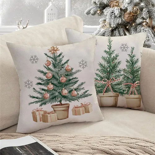 Vista 6 de Juego de 4 fundas de almohada decorativas para árbol de Navidad de invierno, 18 x 18 pulgadas, con medias de manoplas, regalos para porche