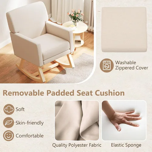 Vista 13 de Giantex Mecedora tapizada, mecedora de guardería con respaldo ampliado, funda de cojín lavable a máquina, marco de madera de goma maciza, silla