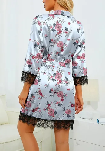 Vista 3 de LYANER Conjunto de pijama sexy de satén de seda para mujer Azul (Blue Print)