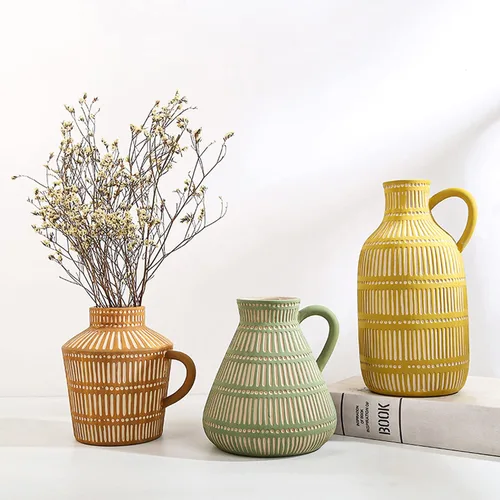 Vista 6 de Juego de 3 jarrones de cerámica bohemios para sala de estar, dormitorio, modernos, amarillo, marrón, verde, jarrones para flores artificiales