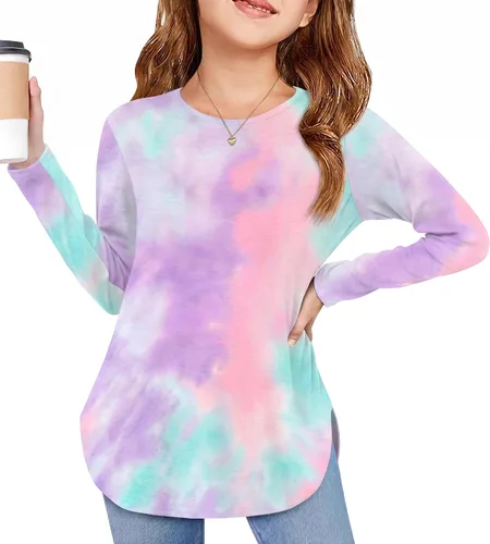 Vista 24 de Arshiner - Camisetas de manga larga para niñas, cuello redondo, dobladillo curvo, abertura lateral, básicas, casuales, de ajuste holgado, tipo