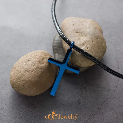 Vista 5 de 555Jewelry - Collar con dije de cruz de acero inoxidable ajustable con cordón negro Azul