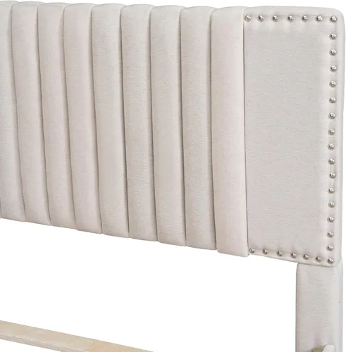Vista 5 de Harper & Bright Designs - Base de cama de tamaño matrimonial con 2 cajones y cama corrediza individual, plataforma tapizada en el suelo con cabecera