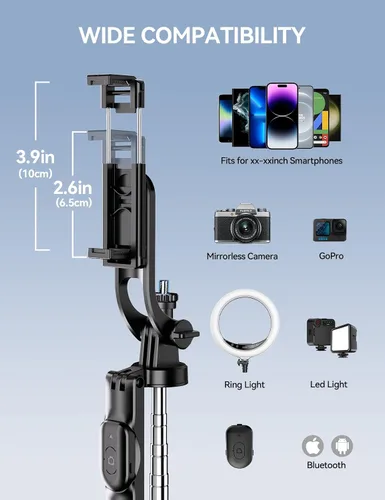 Vista 5 de Takerers Trípode para teléfono celular de 67 pulgadas y palo para selfie con control remoto inalámbrico, todo en uno multifuncional para selfie