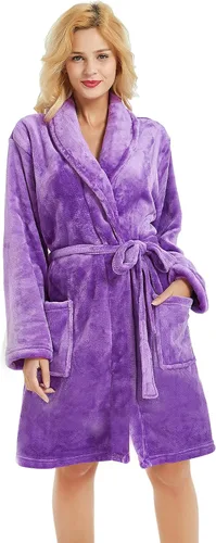 Vista 15 de U2SKIIN - Bata de felpa para mujer, batas cortas y acogedoras de felpa suave para mujer con cuello de chal, bata de spa cálida A-Negro
