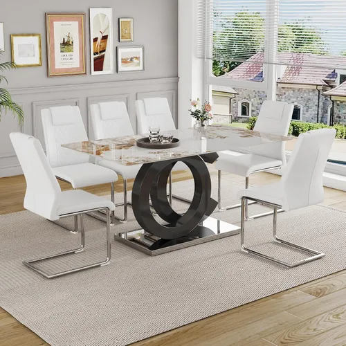 Vista 21 de Ebullient Juego de Mesa de Comedor Moderno para 4, Juego de 5 Piezas de Mesa de Comedor y Sillas para 4, Tablero de Mesa de Mármol PDLB y Base