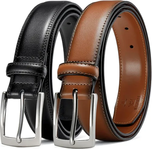 Vista 14 de MILORDE Cinturón de vestir de cuero para hombre, 2 unidades, hecho a mano, cuero genuino, diseños clásicos y modernos para el trabajo, negocios