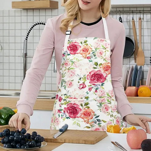 Vista 2 de Claswcalor Delantal de flores rosas con bolsillos, delantal floral para cocinar, delantal de cocina con rosas de acuarela para mujer, delantal