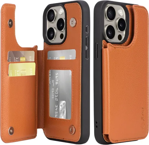 Vista 18 de Arae Funda para iPhone 15 [6.1 pulgadas] - Funda tipo cartera con bolsillos para tarjetas de piel sintética con tapa trasera para iPhone 15 de 6.1