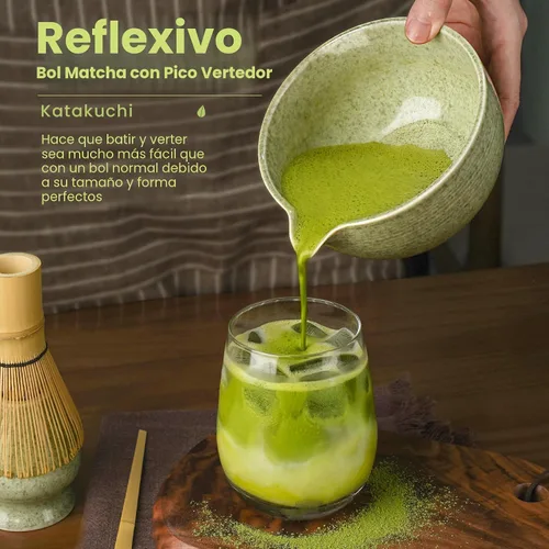 Vista 5 de Juego de batidor de matcha, kit de cerámica y cazador de bambú hecho a mano Complete 5 Pcs Matcha Set Whisk and Bowl, Stainless Steel Sifter