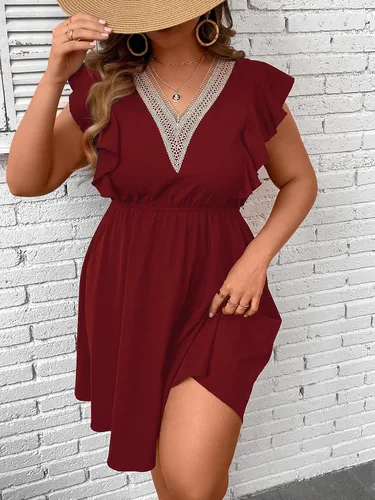 Vista 3 de Verdusa Vestido corto acampanado con encaje en contraste y cuello en V y manga casquillo con volantes para mujer