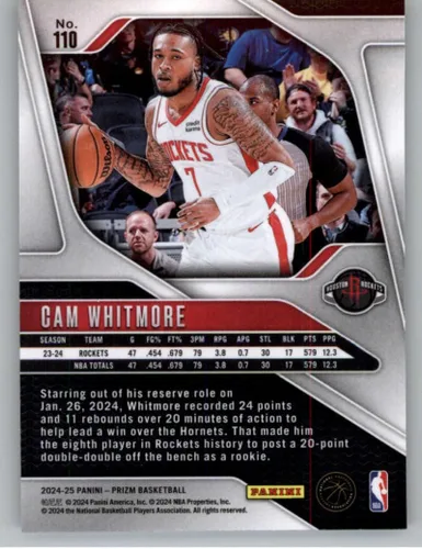 Vista 2 de 2024-25 Panini Prizm #110 Cam Whitmore Houston Rockets NBA Basketball Base Trading Card