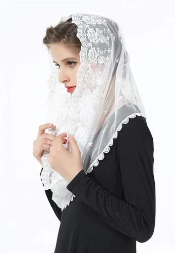 Vista 2 de PURFUN Velo de mantilla de encaje floral vintage latino masas cabeza cubierta bufanda capilla velo