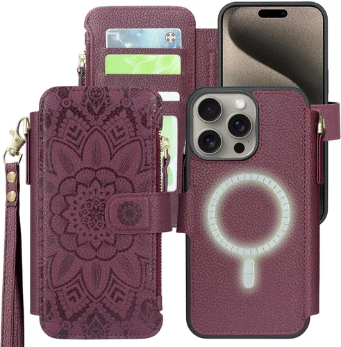 Vista 8 de Harryshell Funda compatible con iPhone 15 Pro con carga inalámbrica MagSafe con 3 ranuras para tarjetas, bolsillo con cremallera, bolsillo