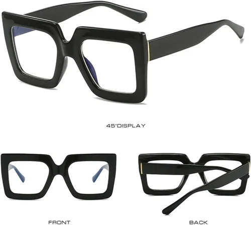 Vista 3 de Kursan Lentes cuadrados de gran tamaño para mujeres y hombres, con marco grande, bloqueo de luz azul, anteojos de moda (negro brillante)