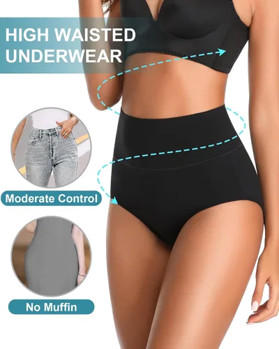 Vista 2 de OUENZ Ropa interior de algodón para mujer, de cintura alta, cobertura completa, calzoncillos posparto, suaves, elásticos, paquete múltiple Negro A