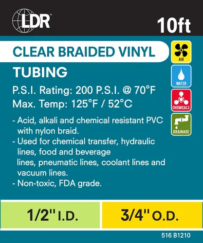 Vista 3 de LDR 516 B1210 tubo de nylon trenzado, 1/2 pulgada diámetro interno x 10 pies, claro Transparente