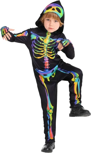 Vista 5 de Seasons Disfraz de esqueleto arcoíris con capucha para niños, sensible a la luz negra, disfraz de cosplay de Halloween