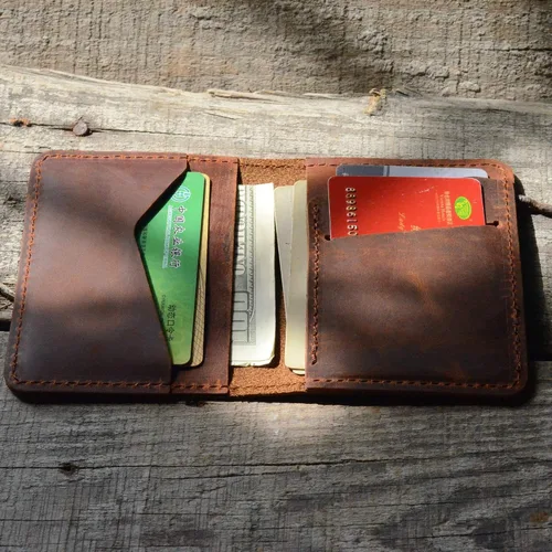 Vista 6 de JJNUSA Billetera de cuero minimalista hecha a mano para hombre, diseño de flores marrones