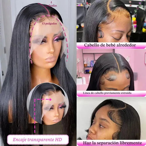 Vista 3 de Pelucas de encaje frontal rectas de cabello humano bunGiol pre arrancadas con cabello de bebé HD Pelucas de encaje frontal 13x4 sin pegamento
