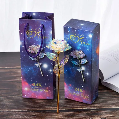 Vista 3 de Flor de rosa arcoíris de 24 quilates de hoja de oro rosa colorida con caja para el día de San Valentín, Día de la Madre