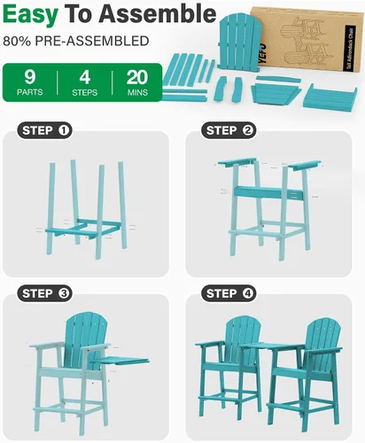 Vista 3 de YEFU Juego de 2 sillas Adirondack altas para balcón, sillas Adirondack de gran tamaño, taburetes de bar ampliados con grano de madera, resistentes a