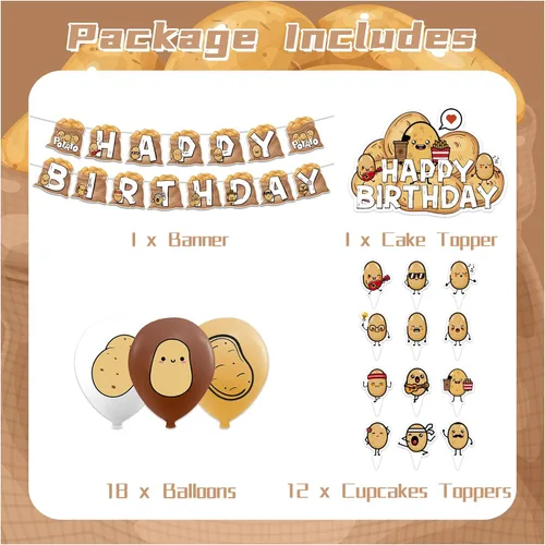 Vista 2 de Suministros para fiestas de papas – Decoraciones de cumpleaños de dibujos animados que incluyen pancarta feliz, decoración de pastel, decoración