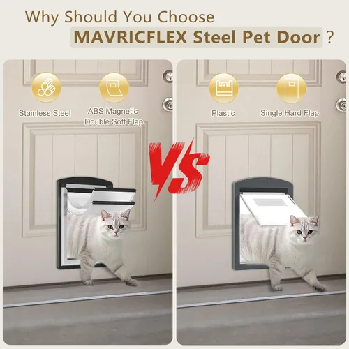 Vista 4 de MAVRICFLEX Puerta para gatos para puerta, marco completamente de acero inoxidable con doble solapa suave y 2 paneles deslizantes de ABS