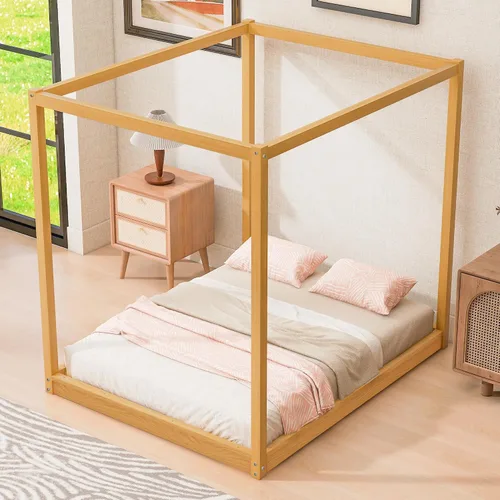 Vista 7 de Cama con dosel de metal, con plataforma de 4 postes de Coner con cabecera entrecruzada y estribo, tamaño Queen