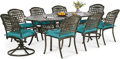 Vista 31 de Juego de comedor de patio de 9 piezas, mesa y sillas de patio al aire libre, mesa de comedor ovalada de aluminio fundido de 84 pulgadas con agujero
