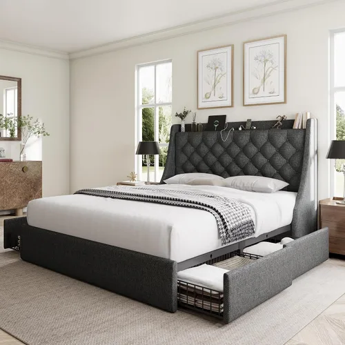 Vista 15 de GalnFu Marco de cama de tamaño completo con 4 cajones de almacenamiento, cabecera tapizada grande tipo wingback, estación de carga rápida,