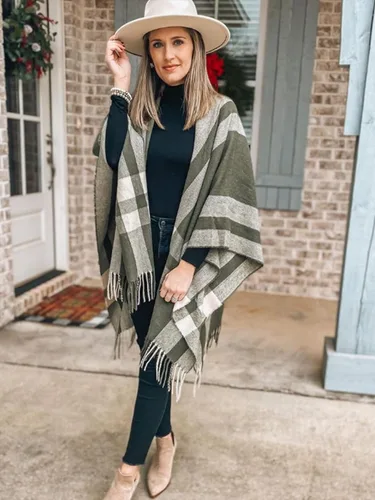 Vista 80 de Moss Rose Chal de viaje para mujer, capa tipo poncho de frente abierto para otoño e invierno