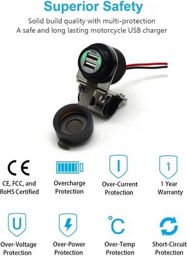 Vista 2 de Cliff Top Cargador USB para motocicleta, impermeable, doble puerto USB 4A, 20 W, aluminio, con interruptor de alimentación magnético, resistente