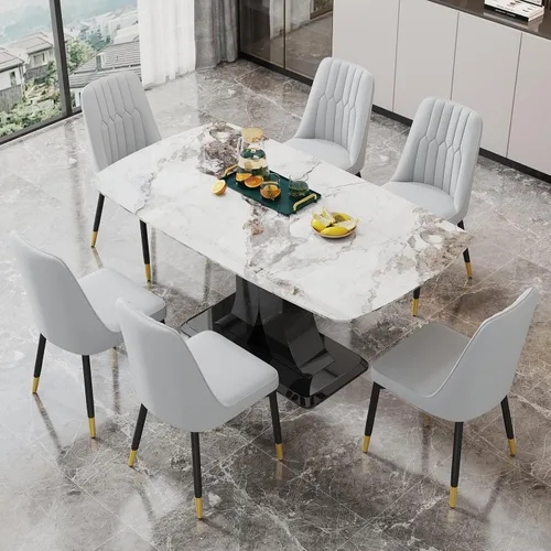 Vista 32 de Moderno juego de mesa de comedor para 4, mesa de vidrio de 63 pulgadas y base de MDF, mesa de comedor de mármol sintético negro con 4 sillas Mesa
