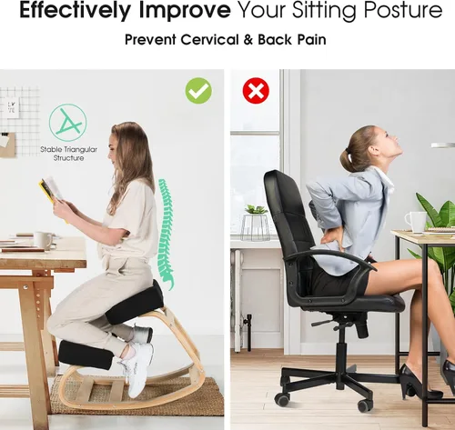 Vista 6 de Giantex Silla arrodillada, silla de postura de madera, carga máxima de 330 libras, mecedora con cojín suave, alivio natural para dolor de espalda