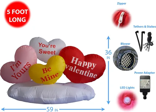 Vista 2 de Corazones inflables y nubes de 5 pies de largo para San Valentín, regalo romántico de San Valentín para parejas, luces LED preiluminadas