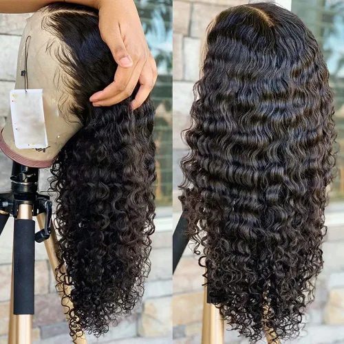Vista 8 de Peluca de cabello humano rizado con encaje frontal transparente HD de onda profunda, previamente despuntada con abuelitos, nudos blanqueados