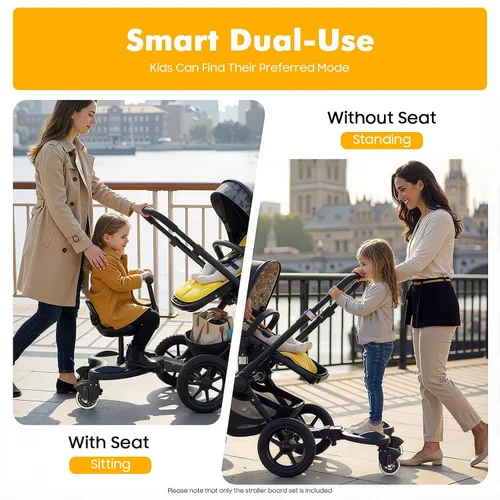 Vista 5 de Tabla universal para cochecito con asiento de silla y plataforma de pie, diseño ajustable, cochecito para sentarse y pararse, para diferentes