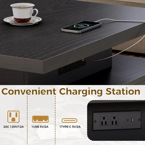 Vista 11 de Mesa de café IRONCK con luz LED y estación de carga, 4 cajones de almacenamiento con diseño de rejilla, mesa de café cuadrada para sala de estar
