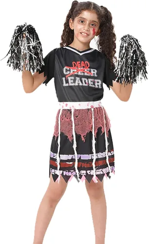 Vista 2 de AGCary Disfraz de líder muerto de Halloween para niñas disfraz de zombi de animadora de líder del miedo para fiesta de Halloween pompones y cosplay