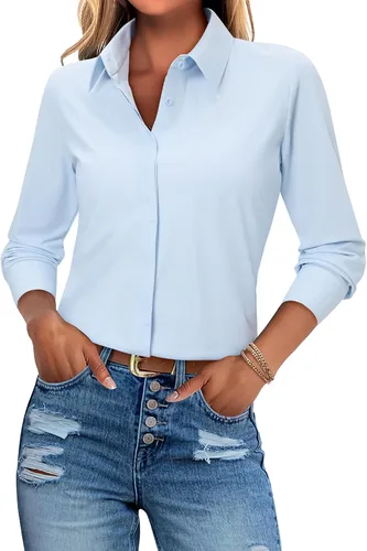 Vista 7 de siliteelon Camisas de vestir con botones para mujer, blusas de manga larga, elásticas, ajustadas, sin arrugas, cuello para el trabajo