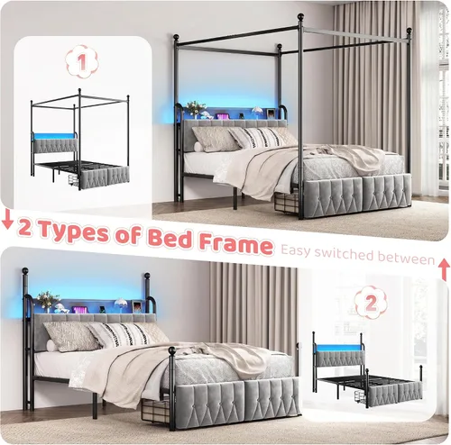 Vista 6 de Homkdom Marco de cama Queen Canopy con 2 cajones y luz LED y carga, color Gris